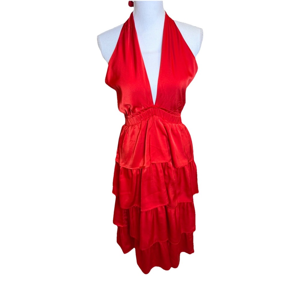 Adelyn Rae Eleanor Halter Tiered Midi Dress Crimson Red Ruffle Wedding Sz Small - Picture 3 of 7